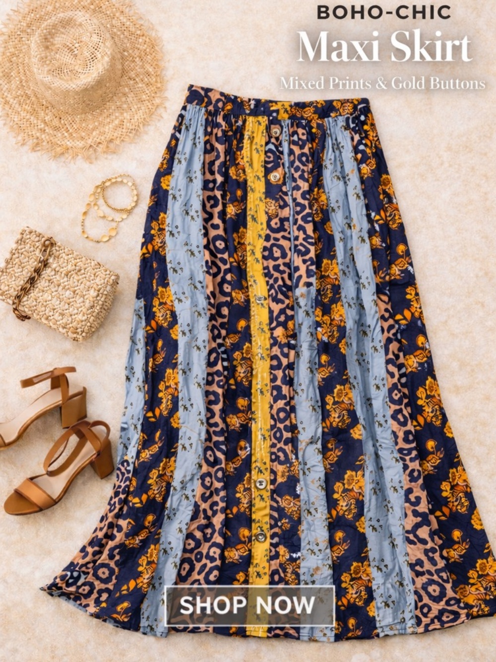 Anthro-Style Mixed Print Button Front Maxi Skirt | Boho Statement Skirt